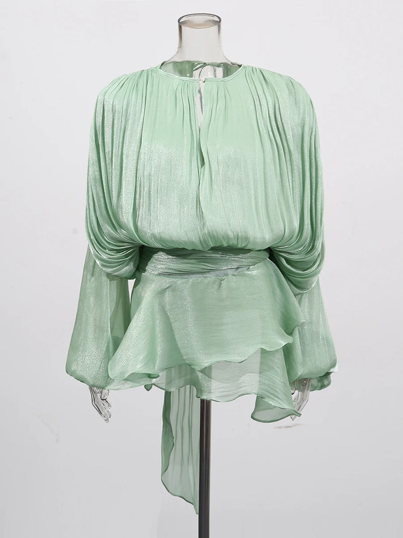TWOTWINSTYLE Solid Blouse Mini Dresses For Women V Neck Long Sleeve.