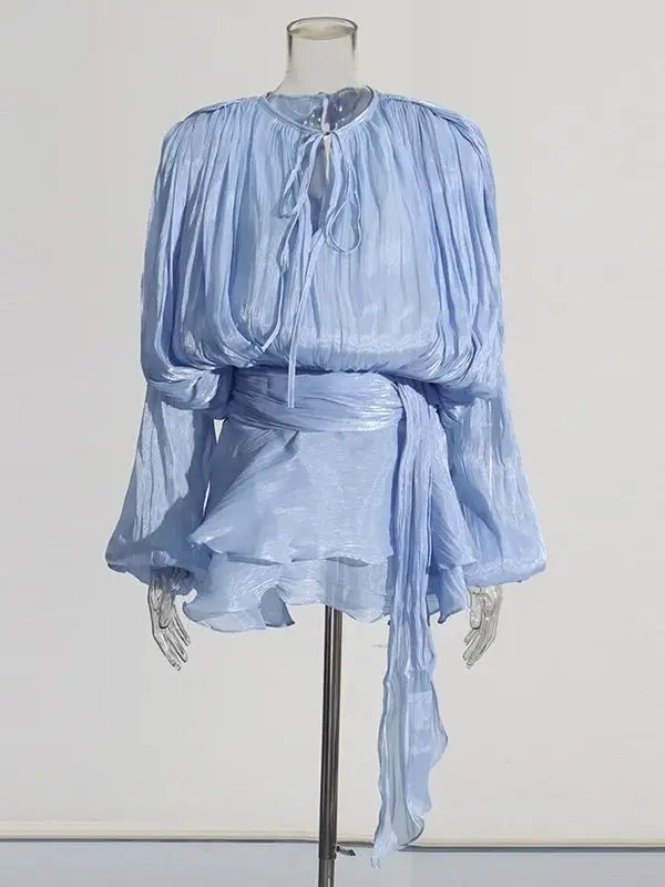 TWOTWINSTYLE Solid Blouse Mini Dresses For Women V Neck Long Sleeve.