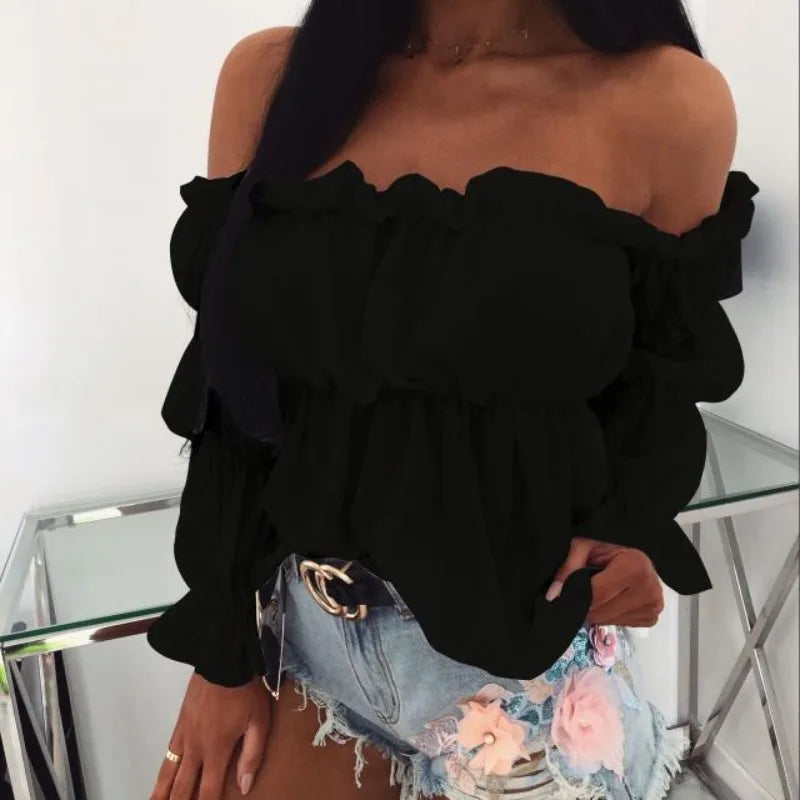Women's Fashion One-line Collar Waist Shirt Women's Pleated.