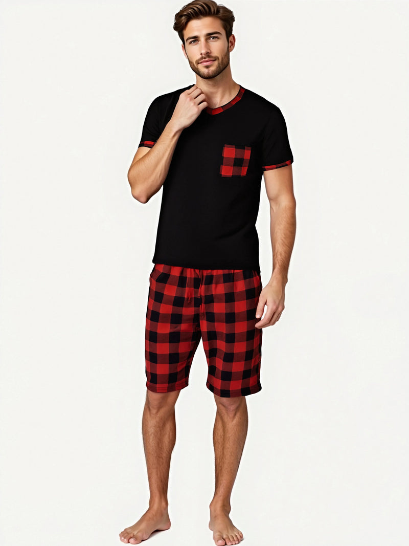 Mens Pajama Sets Short Sleeve Plaid Pajamas.