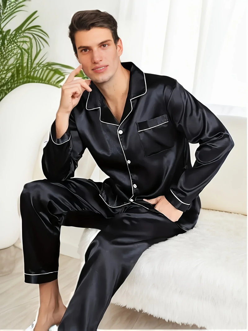 Men Pajama Sets Microfiber Sleepwear For Sleeping Man Shirt Satin Long Sleeve.