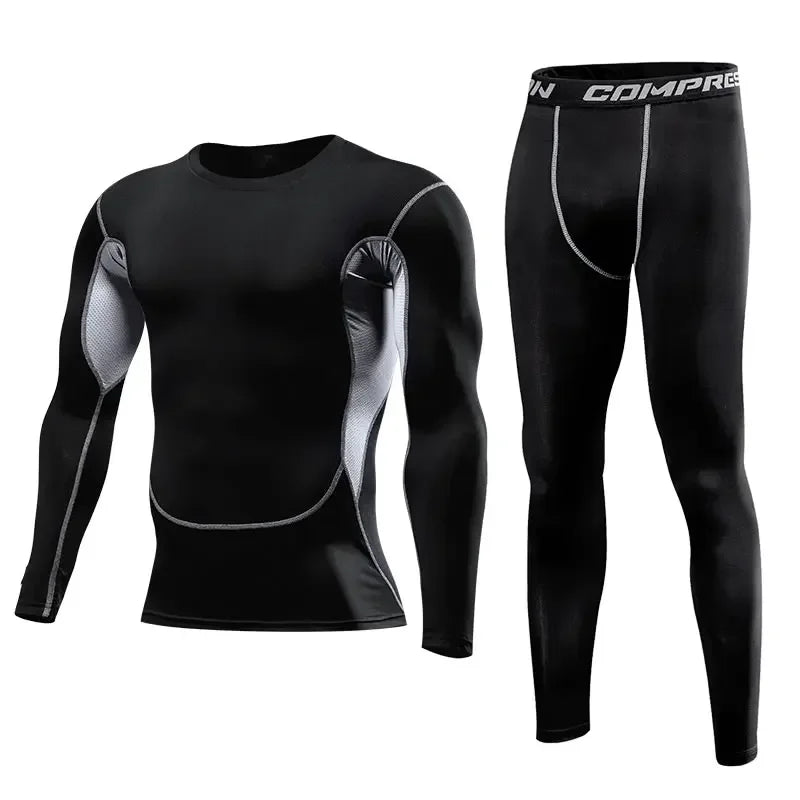 Men Sports Running Set Compression Shirt + Pants Skin-Tight Long Sleeves.