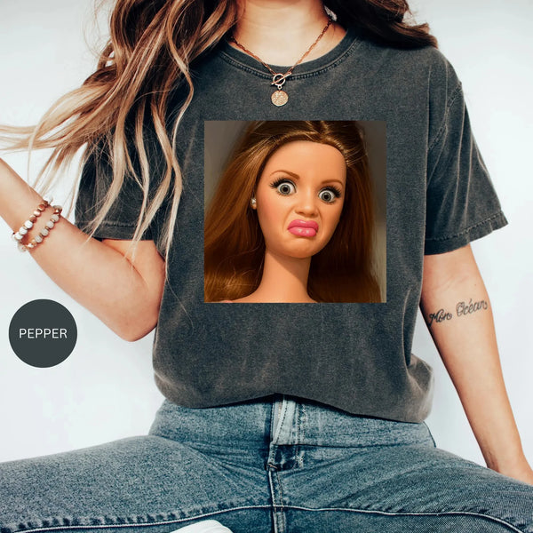 Women's Funny Doll Face Meme T-Shirt Unisex Cotton Streetwear.