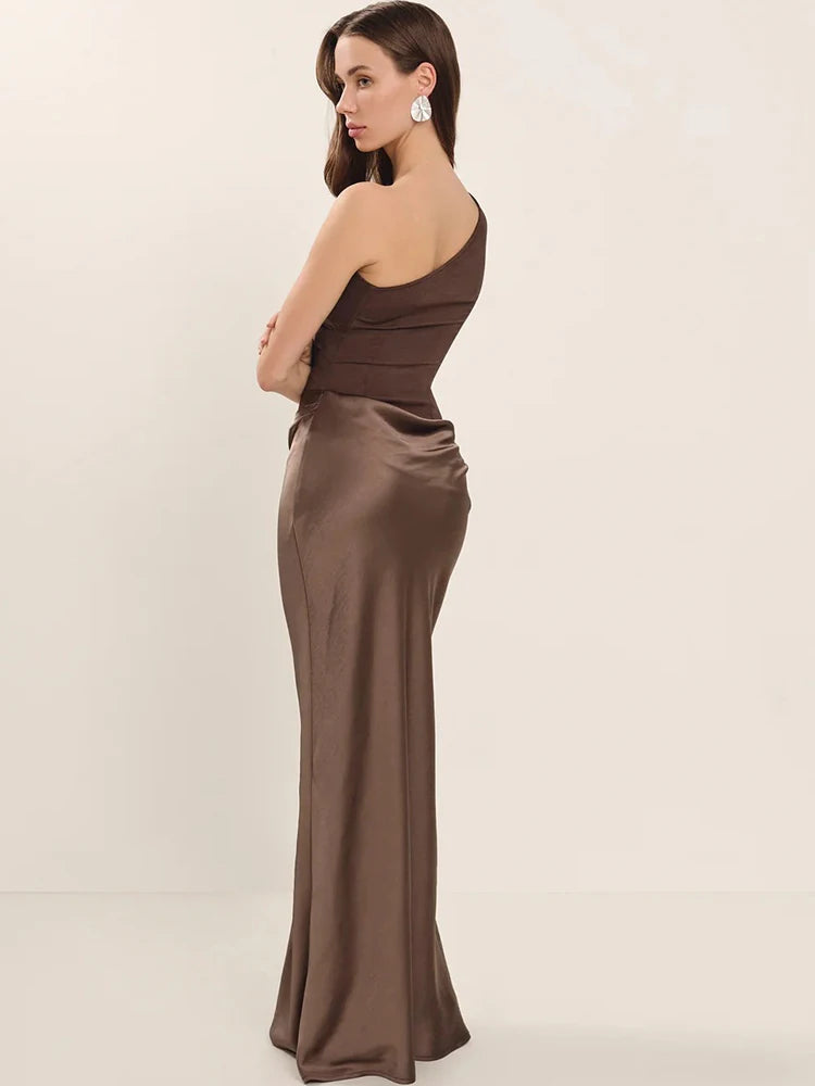 Women’s Maxi Dress Brown Sleeveless Evening Dress.