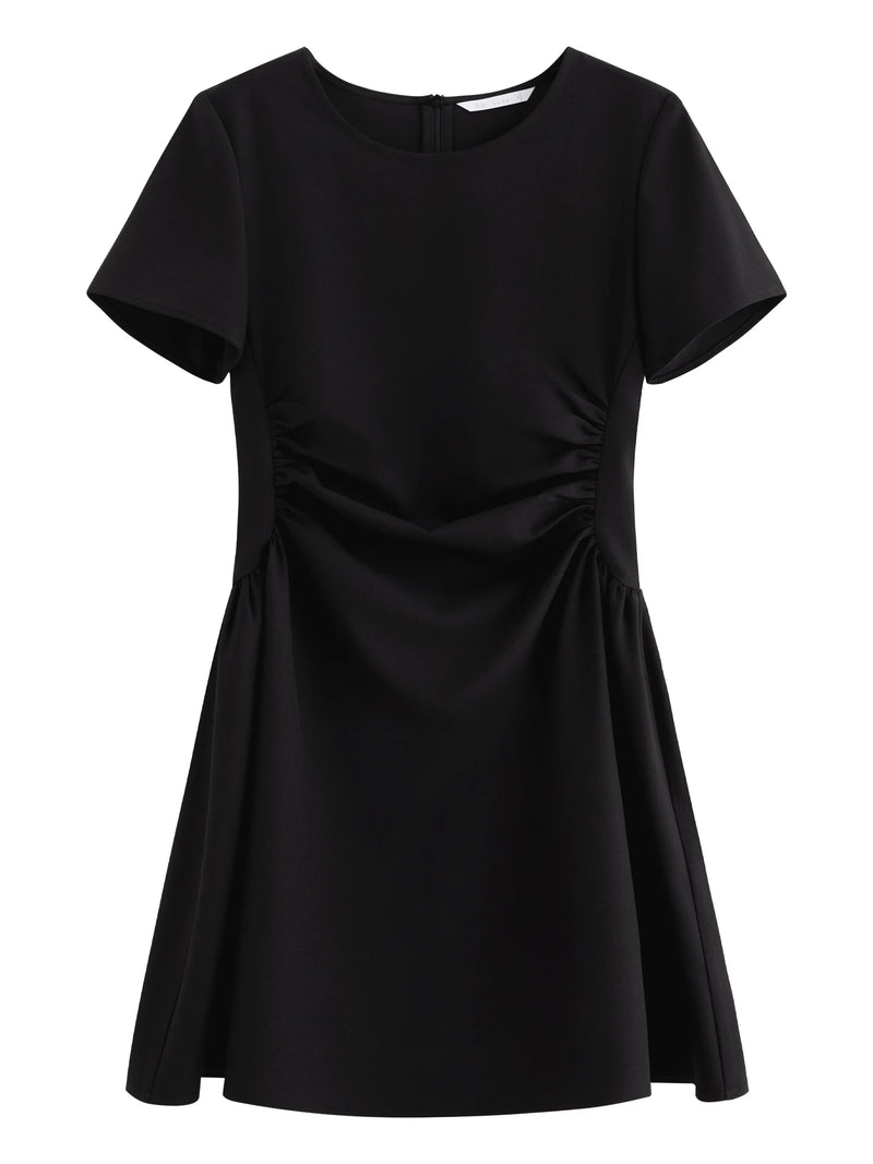 Women's Black Midi Dress, Crew Neck Short Sleeve Waist-Cinching.