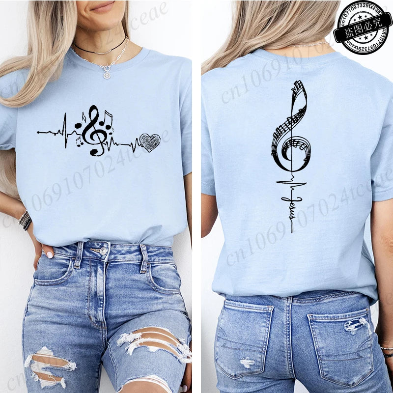 Musical Notes Printed T-Shirt for Women,Heartbeat Music Graphic Tee.
