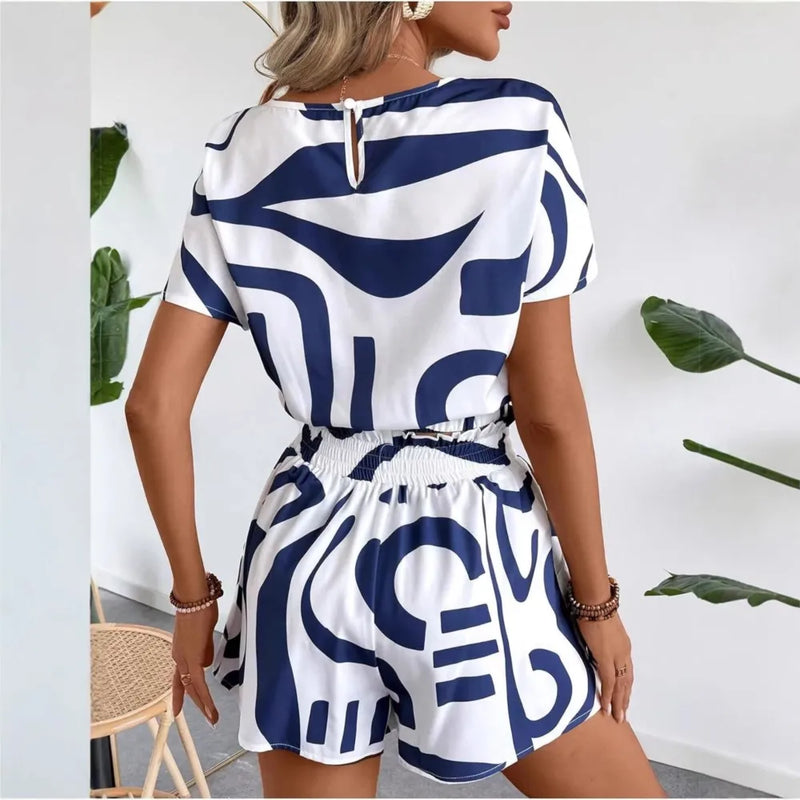 Fashion Blue Printed Super Short Top + Shorts 2-piece Set Summer New Casual.