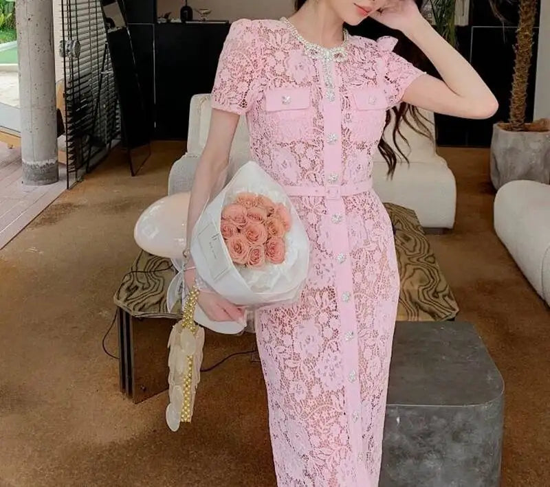 Women’s Lace Midi Dress Diamonds Bow Pink Floral Crystal Short Sleeve.
