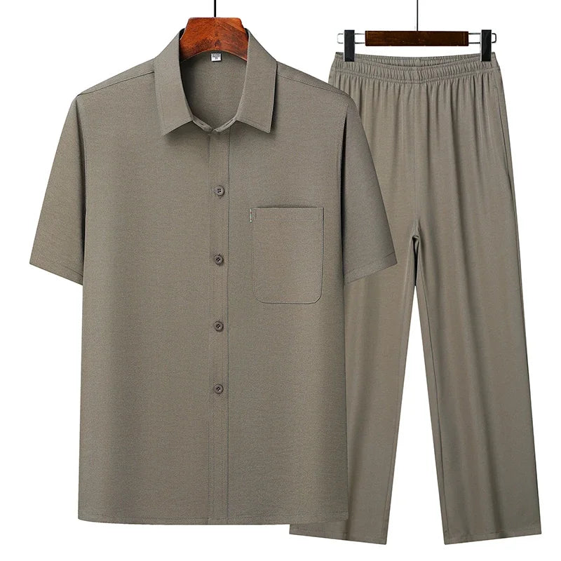 (Top + Pants) Summer Leisure All Match Middle-aged and Old Dad Men Fashion.