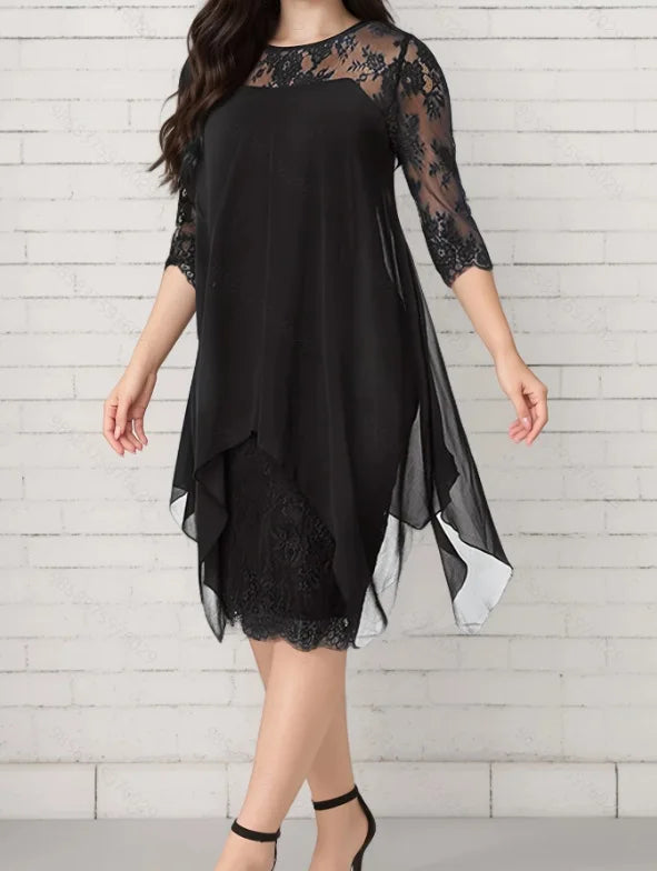 Plus Size Female Dresses Lace Patchwork Asymmetric Hem Loose Waist Three-quarter.