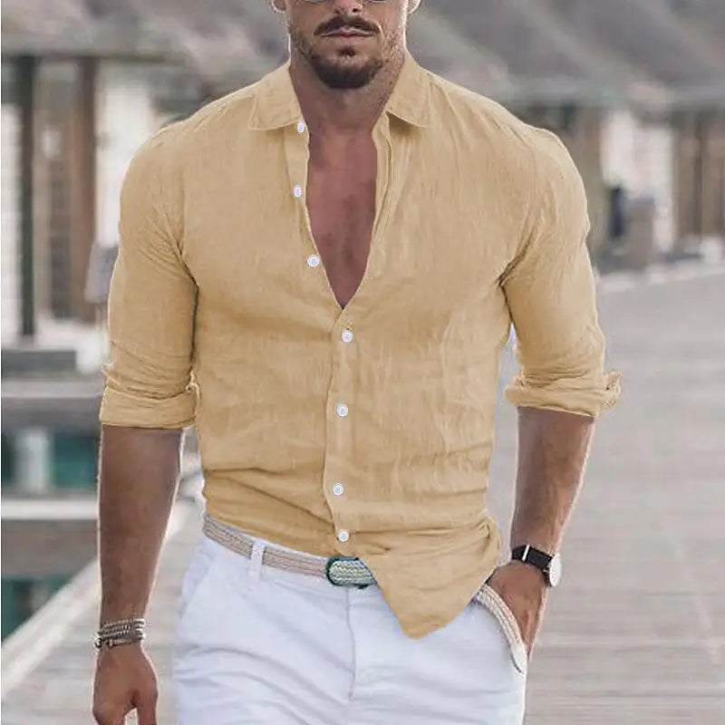 Men Cotton Linen Button Loose Blouse Shirts Spring Summer.