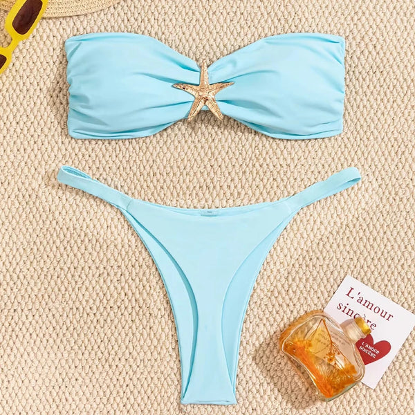 Sexy Bandeau Bikini Set Women Sky Blue Starfish Ornament Push Up.