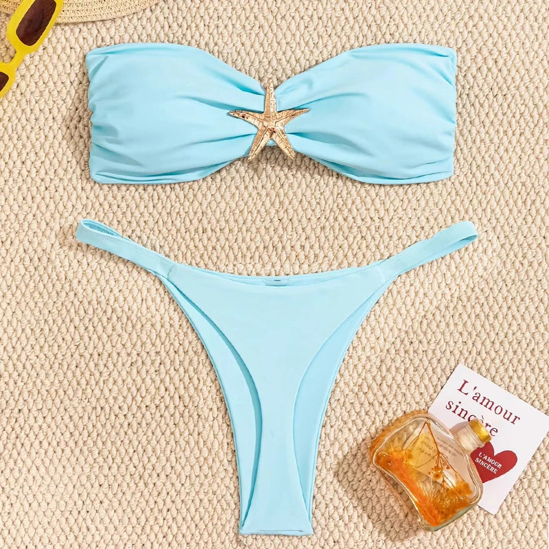Sexy Bandeau Bikini Set Women Sky Blue Starfish Ornament Push Up.