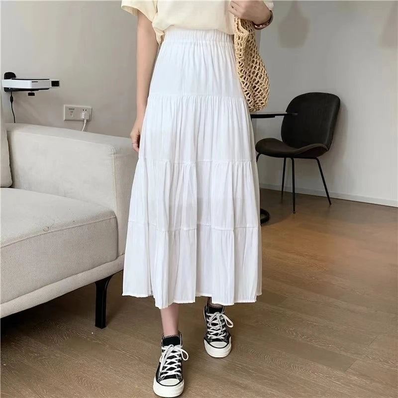 Spring Summer Women Skirts Vintage High Waist Elastic Patchwork.