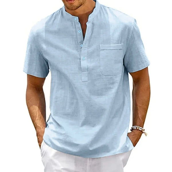 Cotton Linen Shirt Men Henley Neck Pocket Casual Beach Short Sleeve.