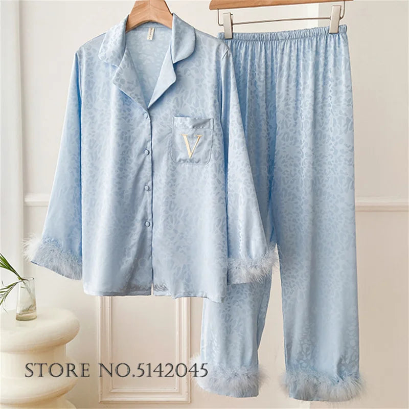 Female 2pcs Pajamas Set Sleepwear Long Sleeve Trouser Pijamas Suit.
