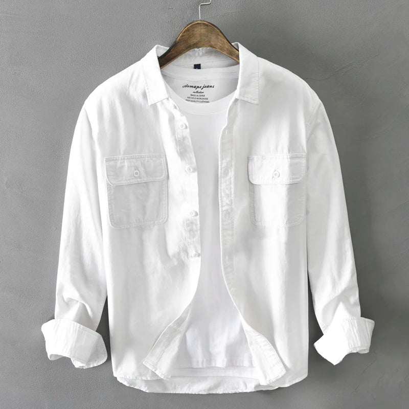 Mens Vintage Shirt Male Lone Sleeve Cargo Shirts Cotton Casual Solid Shirt.