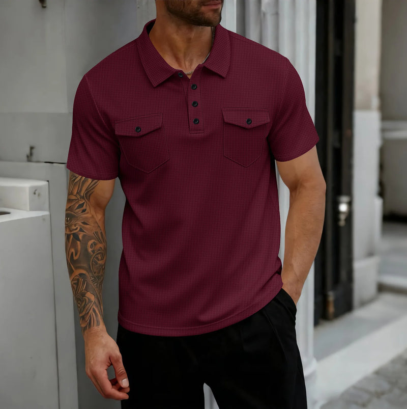 Men’s  button-down solid-color short-sleeved POLO shirt casual T-shirt.