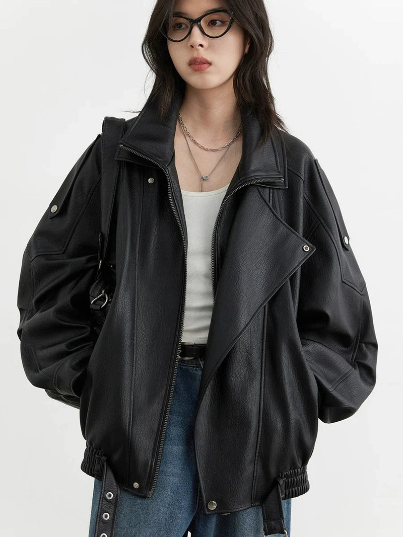CHIC VEN Woman PU Jacket Solid Loose New Retro Standing Collar Motorcycle.