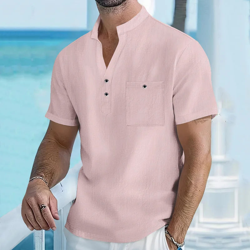 Men's stand up collar short sleeved T-shirt Male Cotton and linen.
