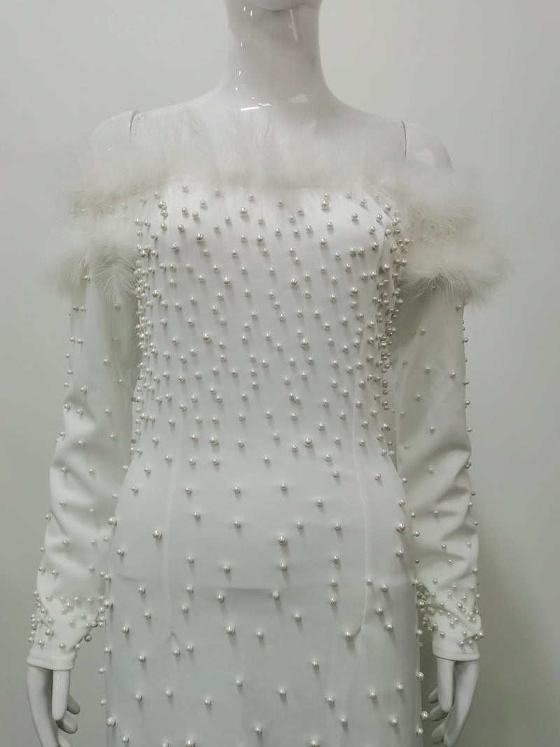 Feather White Dress Party Women Pearls Long Night Dresses.