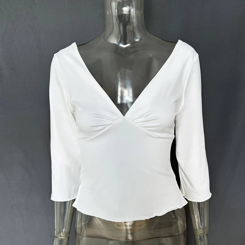 Sexy V-Neck T-shirts Women Tops Summer Long Sleeve Slit Solid Pullover.