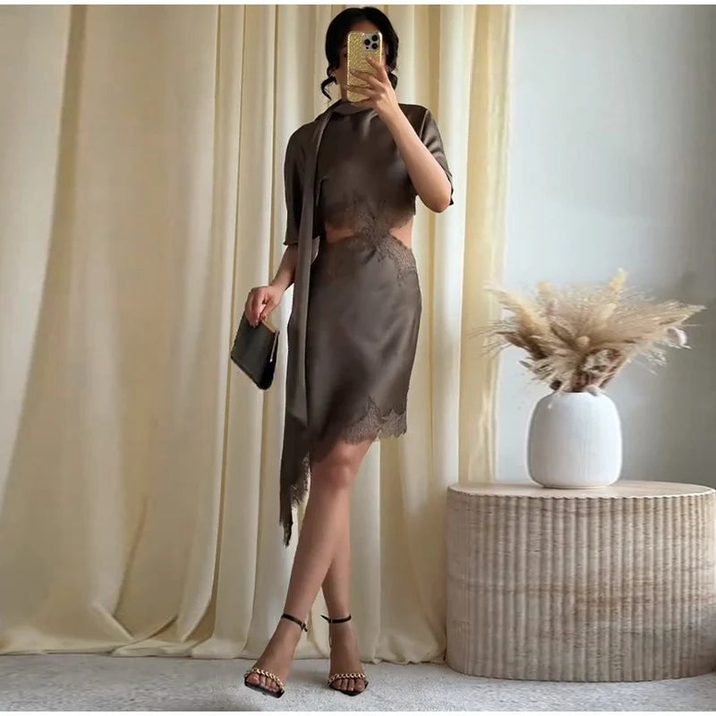 Lace Hollow Out Women Mini Dress Elegant Satin Scarf.
