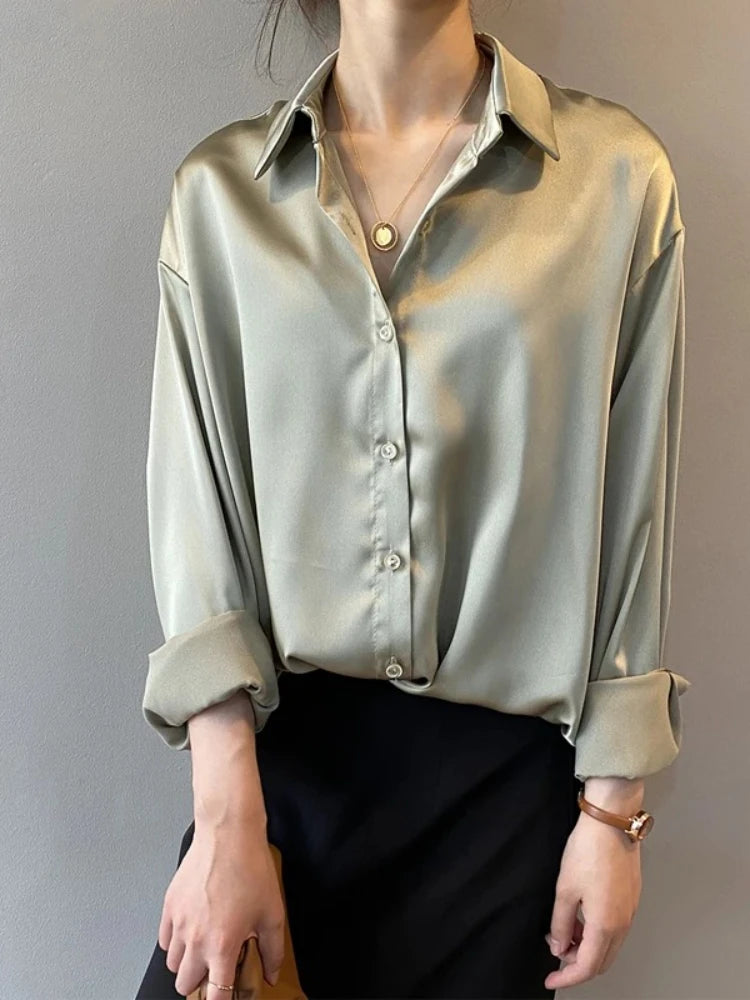 Elegant Satin Loose Women Shirt Spring Turn-down Collar Ladies Blouse.
