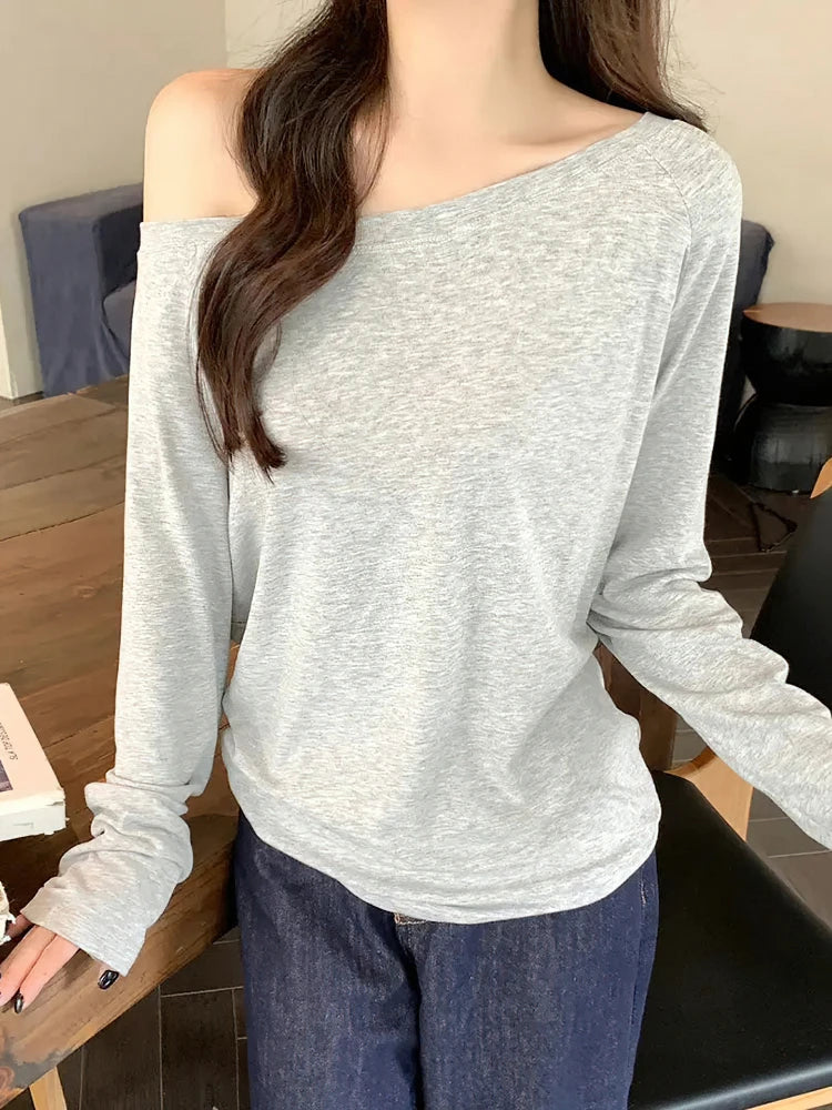 Oversize Off shoulder Long sleeve T shirt Women Solid color Casual Tops.