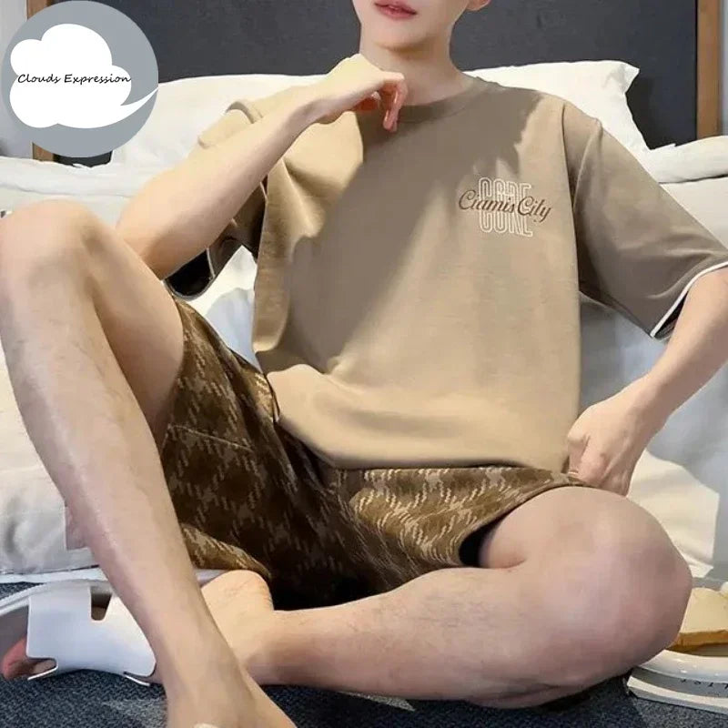 Summer Knitted Plaid Cool Mens Pyjamas Pajamas Casual Pjs Lounge Sets.