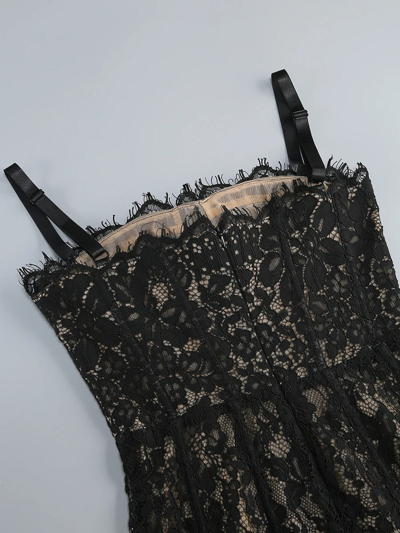 Black Lace Patwork Sleeveless Maxi Dress for Women.