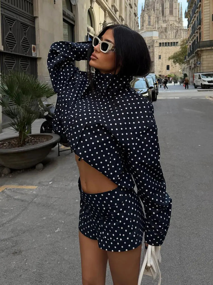 Polka Dot Shorts Sets For Women Trend Outfits Long Sleeve Zipper Turtleneck Jacket Coat Spring Woman Elegant 2 Piece.