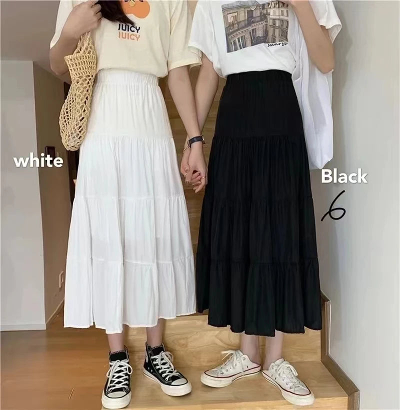 Spring Summer Women Skirts Vintage High Waist Elastic Patchwork.