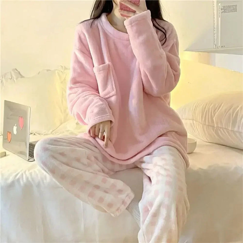 Fleece Thick Warm Women's Pajamas Set Winter Sleepwear Casual Solid.