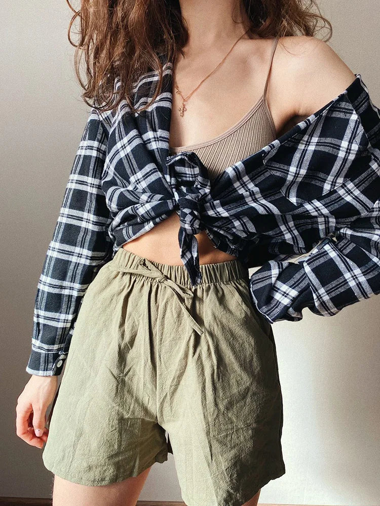 Women Summer Cotton Shorts Casual Solid Pockets Basic Shorts Elastic Waist.