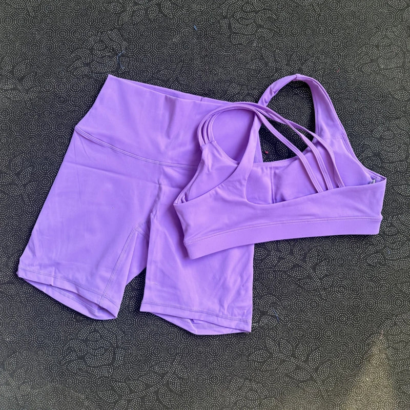 Solid Color Gym Yoga Set Short Legging Cross Back Shoulder Strap Sport Bra Tracksuit Women.
