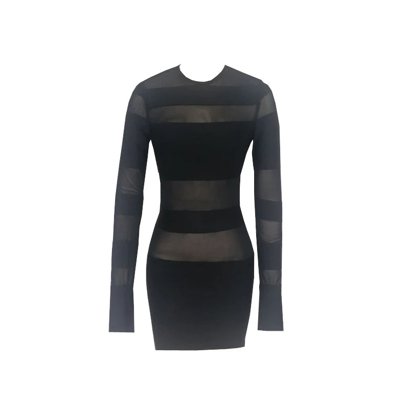 Women's Patchwork Sheer Mesh Stripe Mini Dress.