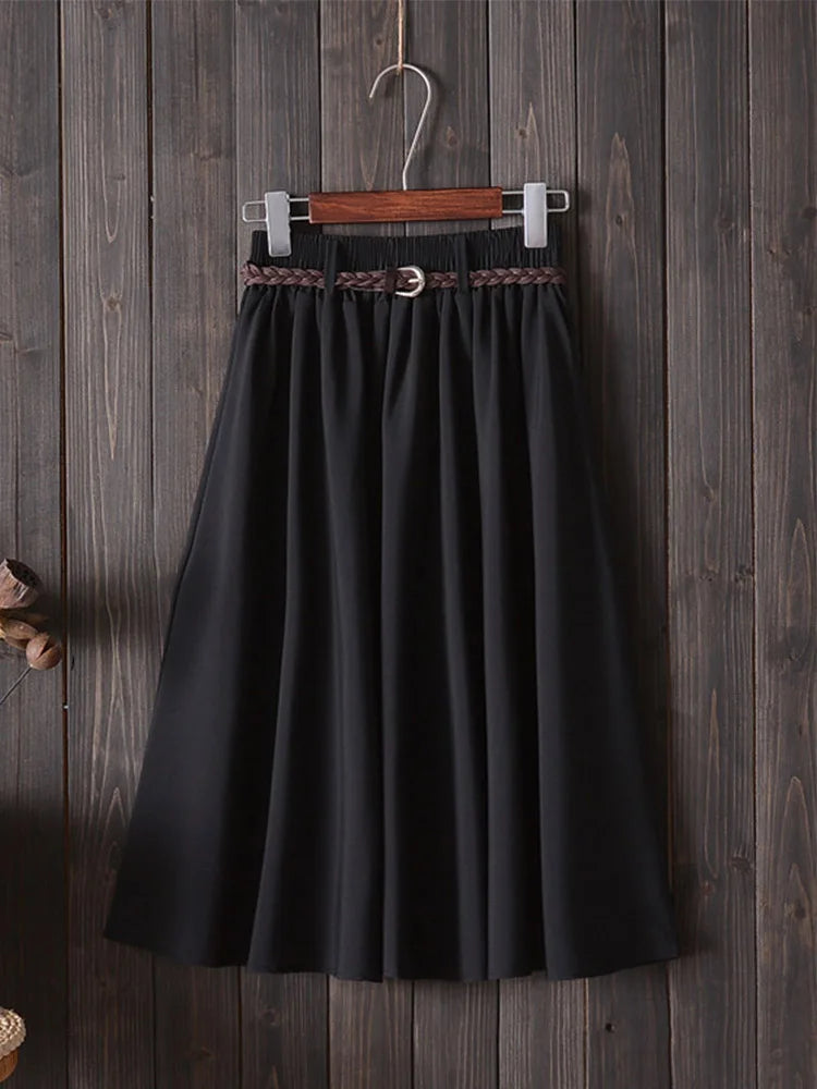 Midi Knee Length Summer Skirt Women With Belt Fashion Korean Ladies.