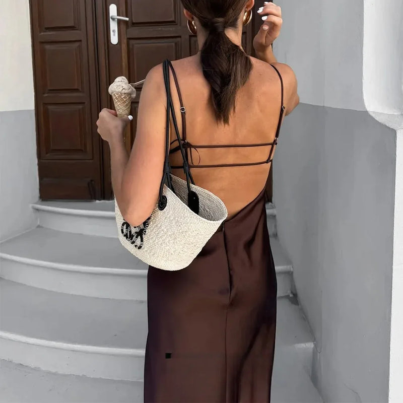 Sexy Chic Satin Women Party Dress V Neck Backless Long Eevning Club Dress.