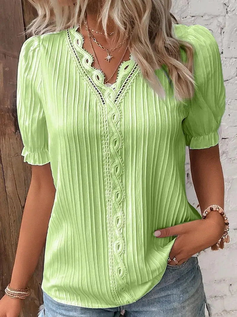Elegant Women Blouse Shirt V Neck Lace Patchwork Short Sleeve Shirts.