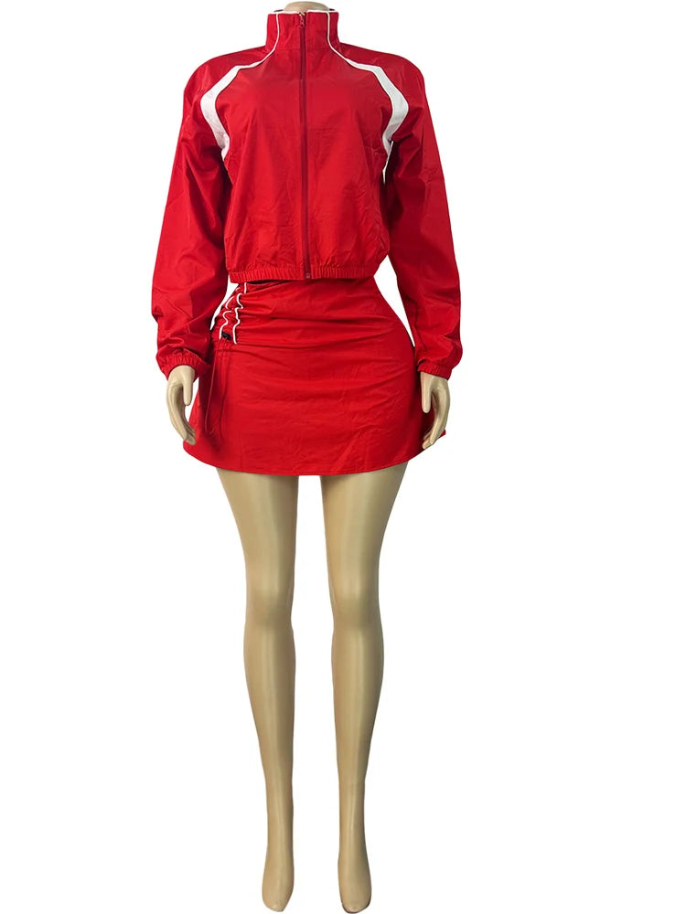 Beyprern Red Sporty 2 Piece Set Women New Casual Zip Up Jacket and Mini Skirt.