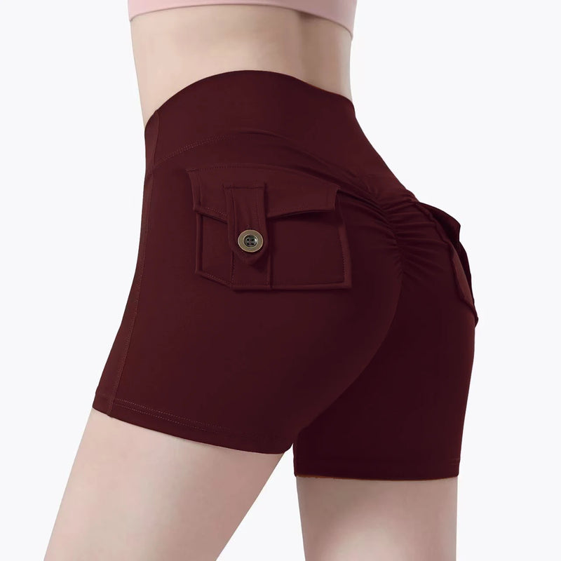 Fitness Exercise Three-Quarter Pants Cargo Air Dry Pocket Yoga Tight lift the hips Women's Shorts.