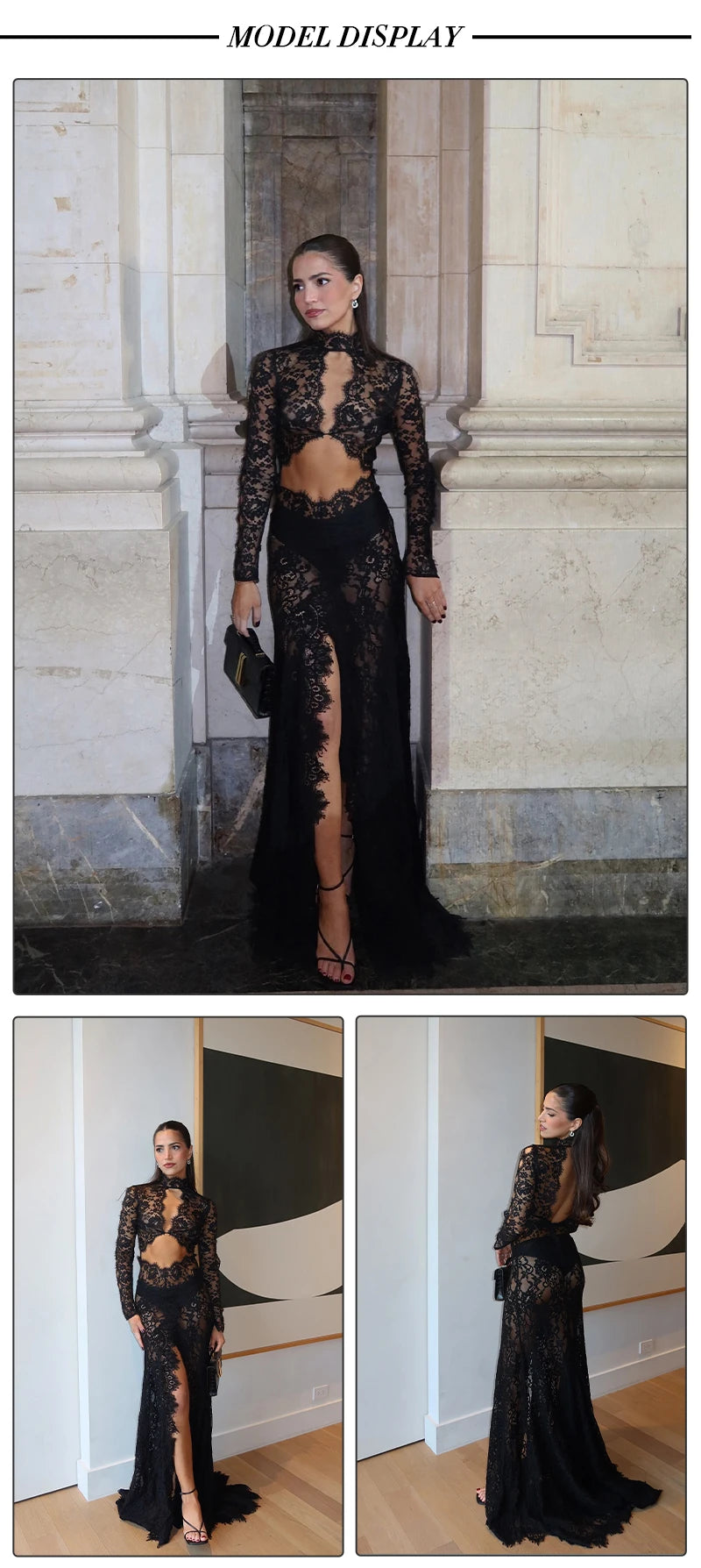 Women’s VC Black Lace Cut Out Long Dress Backless High Split.