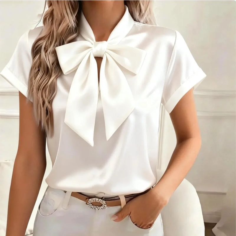Women's Solid Satin Blouse Summer Fashion Bow Tie Lace Up Neck.