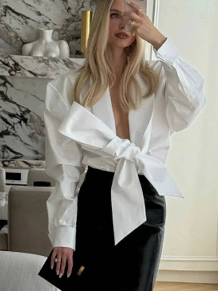 Women's White Tie Front Knot Blouse Elegant Sexy Shirt.