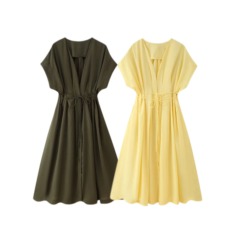Women's New Fashion V-neck Pleated Down Shoulder Short Sleeve Midi Dress.