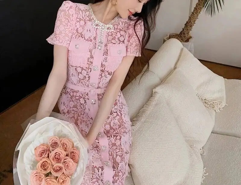 Women’s Lace Midi Dress Diamonds Bow Pink Floral Crystal Short Sleeve.