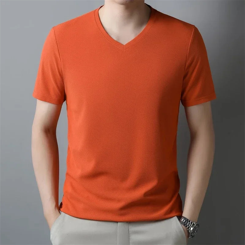 Men's New Waffle V Neck Short Sleeved T-shirt Summer Comfortable Top.