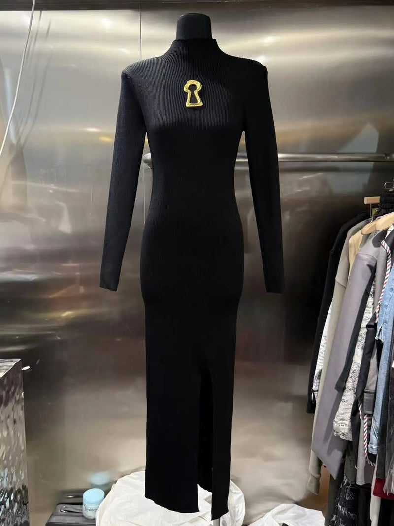 European Women Clothes Long Sleeve Waist-Cinching Knitted Long Dress.