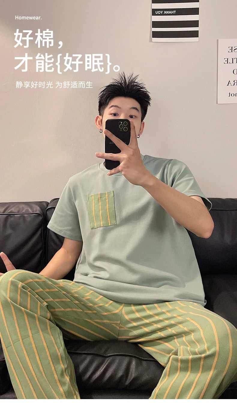 Summer Knitted Plaid Cool Mens Pyjamas Pajamas Casual Pjs Lounge Sets.